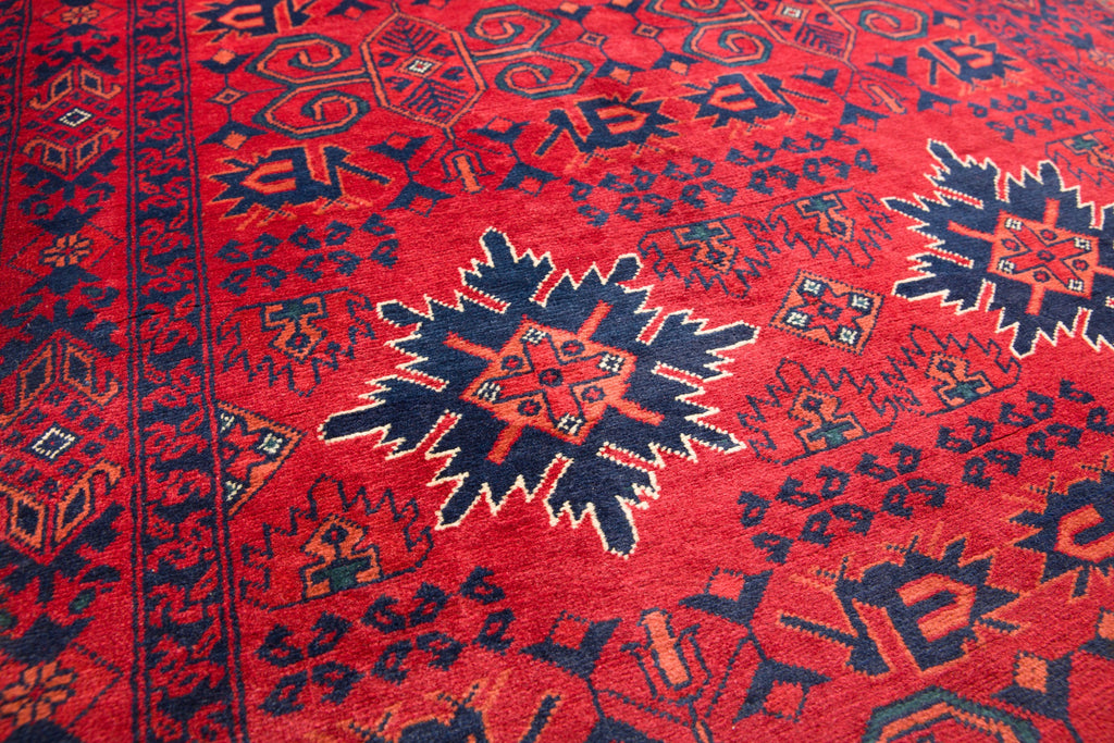 3x5 luxury tribal rug with garnet red, dark navy blue, ivory and clay colors with geometric pattern and fine hand knotted wool Belgian wool by Roya Rugs North Carolina
