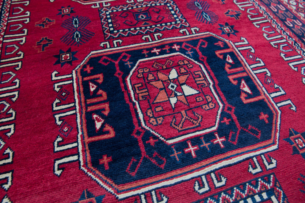 3x5 oriental hand knotted garnet red and ivory tribal rug with midnight blue medallions and Belgian wool by Roya Rugs in Hickory NC and Asheville NC rug stores.