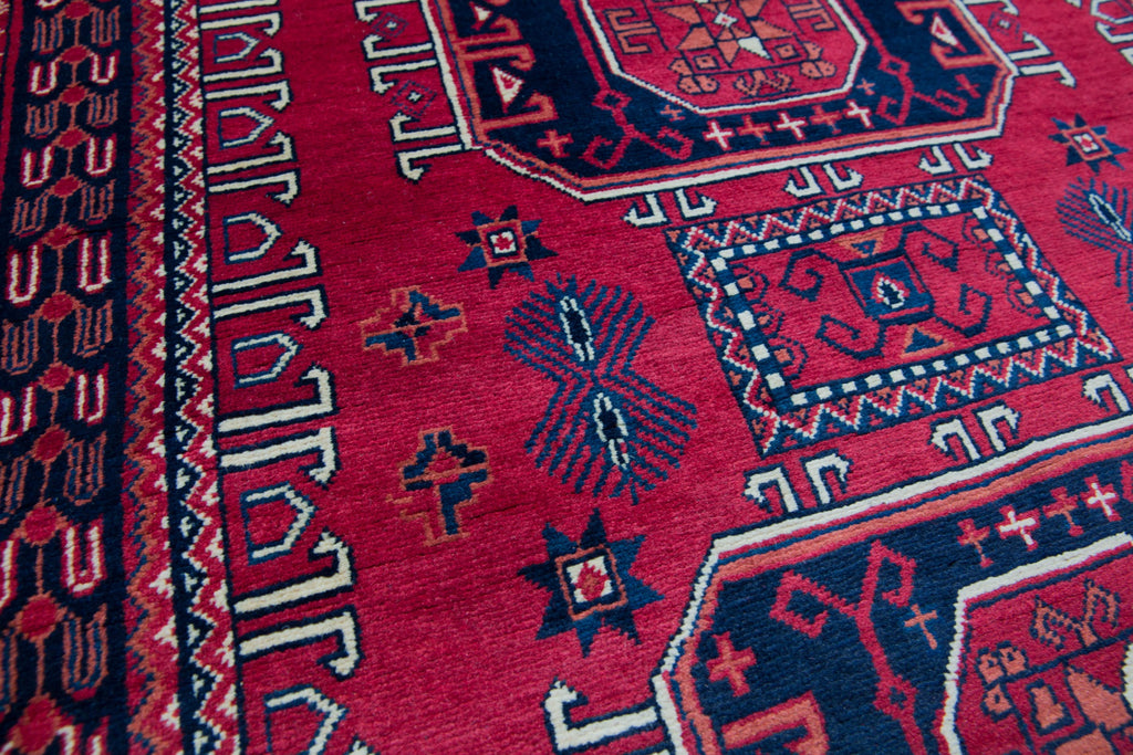 3x5 oriental hand knotted garnet red and ivory tribal rug with midnight blue medallions and Belgian wool by Roya Rugs in Hickory NC and Asheville NC rug stores.