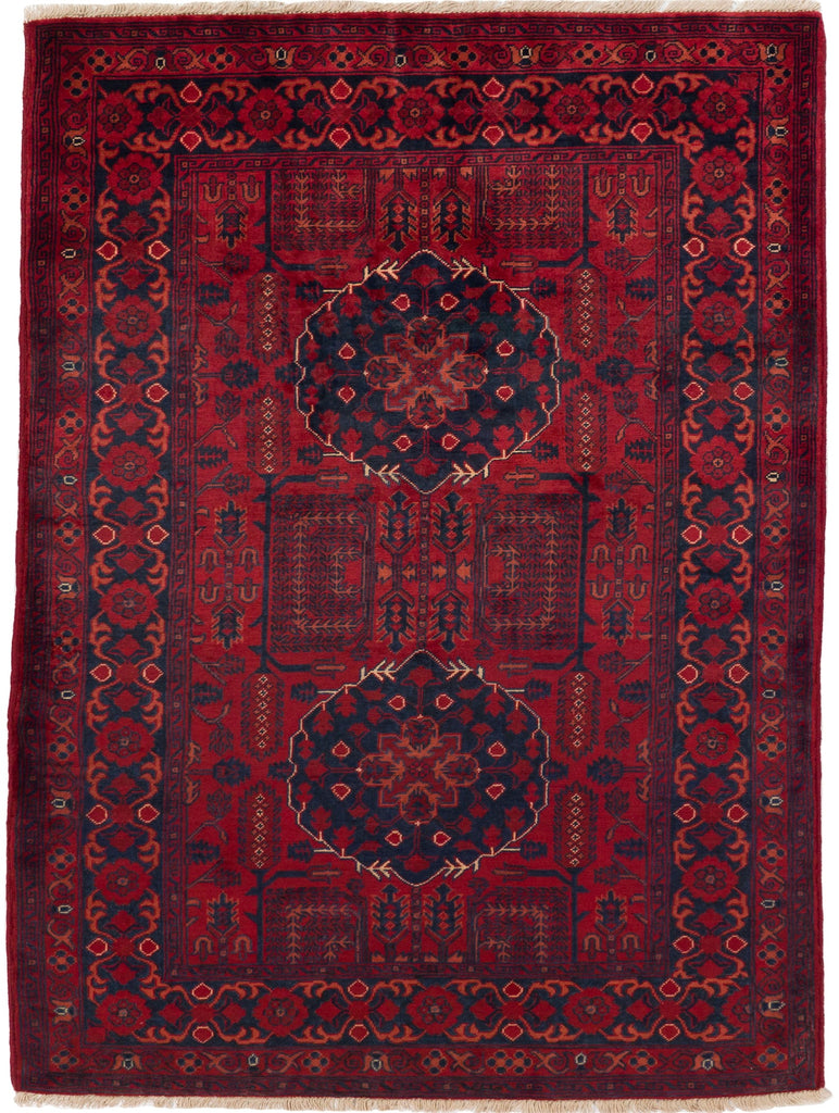 3' x 6' Khal Mohammadi traditional amer red and dark navy blue luxury hand knotted Belgian small wool rug with center medallion by Roya Rugs North Carolina.