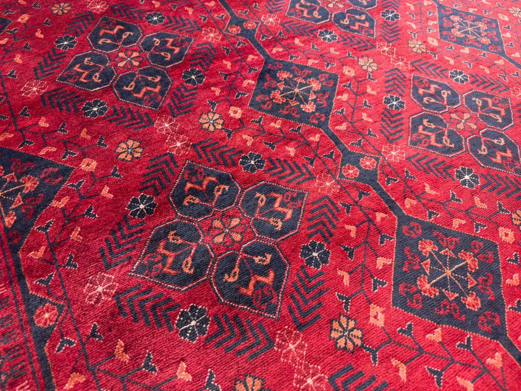 Roya Rugs 5x7 red area rug with dark maroon and midnight blue oriental geometric new tribal Persian wool rug for home and rugs North Carolina Asheville, Raleigh, Marvin, Hickory, Denver NC and Banner Elk rugs.