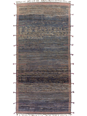 Roya Rugs hand knotted 6x13 extra wide colorful ombré Moroccan berber runner rug with soft low shag pile and pink, indigo blue, light green, beige, and clay colors and long fringe tassels in North Caorlina.