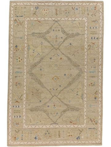 6x9 modern designer oushak rug in muted tan, pastel, blue, sage green and coral hand knotted wool rug by Roya Rugs Charleston and Charlotte NC
