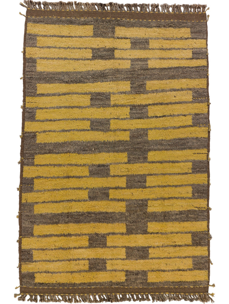 7x10 luxury handmade bright yellow and brown minimalistic modern Scandinavian wool rug with geometric block design and shag wool pile by Roya Rugs.