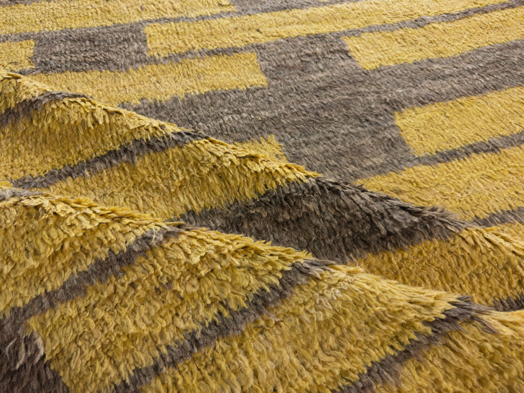 7x10 luxury handmade bright yellow and brown minimalistic modern Scandinavian wool rug with geometric block design and shag wool pile by Roya Rugs.