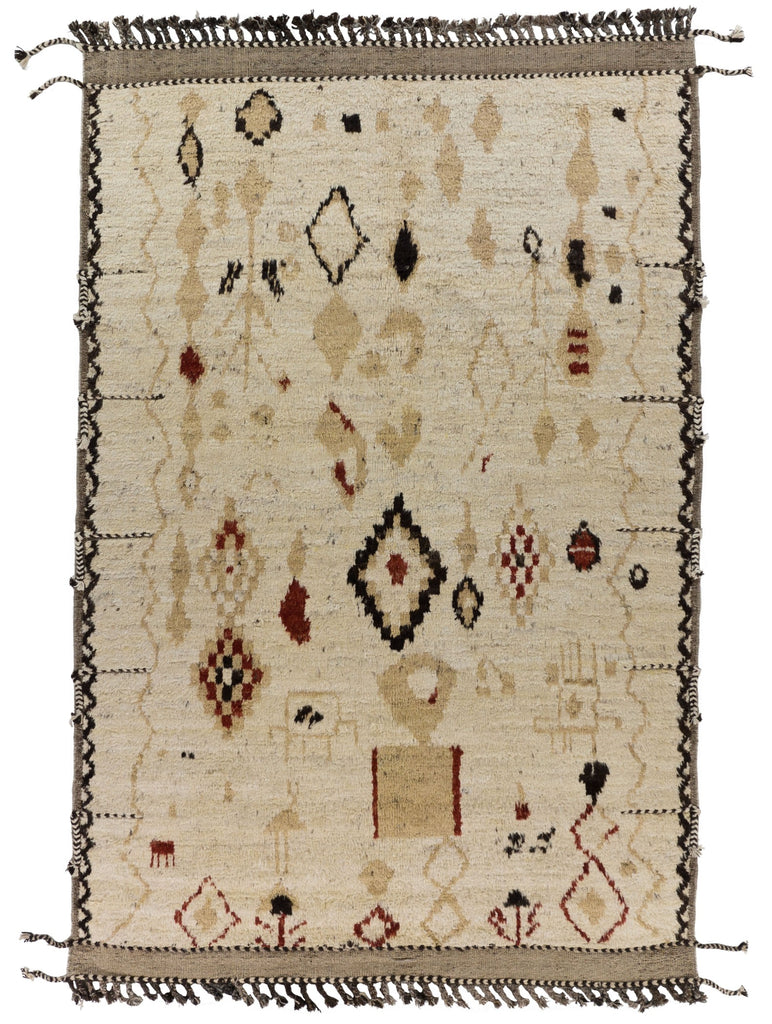 7x10 hand knotted luxury geometric wool rug with tan, neutral earth tones, and red colors perfect for cabin, ranch and mountain homes with bulls. Soft Bohemian style Moroccan berber rug from Roya Rugs in Hickory North Carolina.
