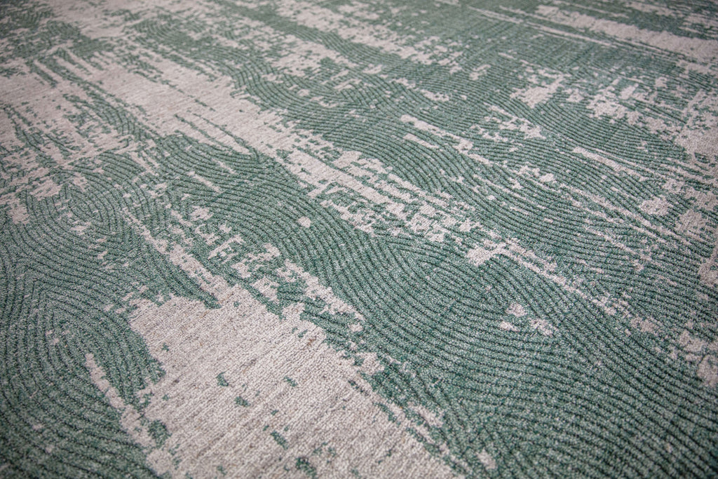 Abstract modern green 8x10 hand woven area rug with ivory/white texture and finger print design 8x10