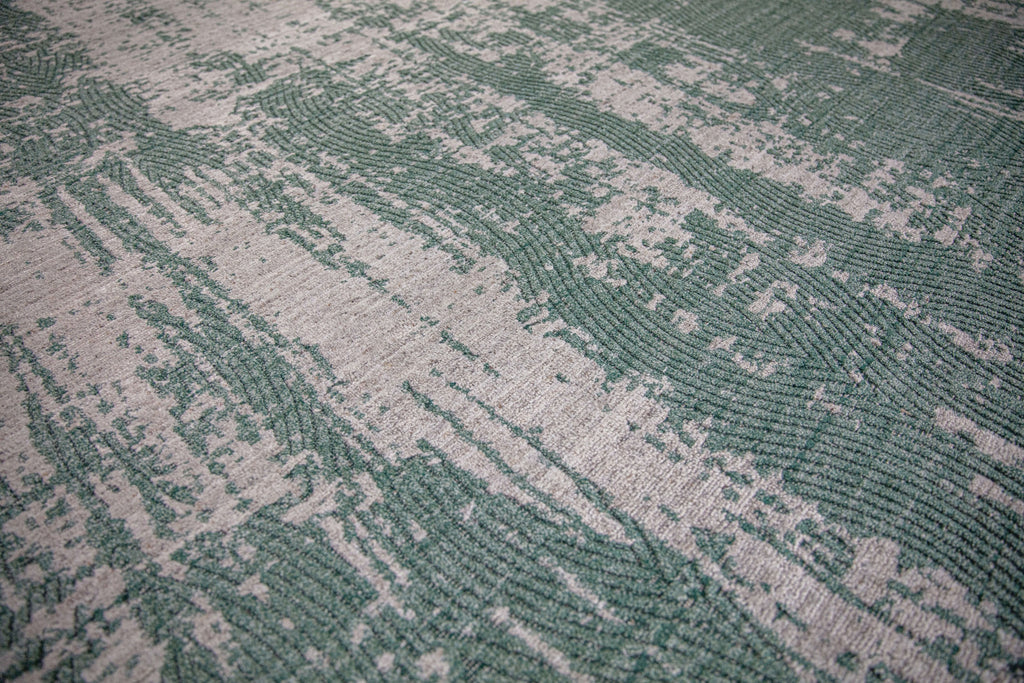Abstract modern green 8x10 hand woven area rug with ivory/white texture and finger print design 8x10