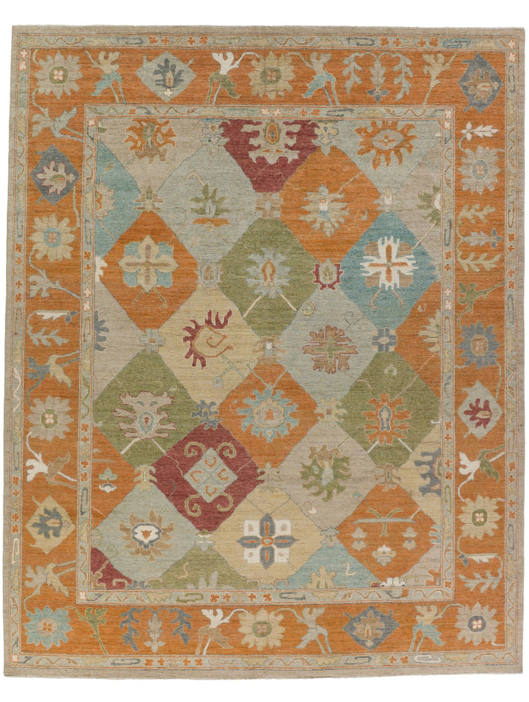 Roya Rugs Hickory NC hand knotted wool 8x10 colorful oushak rug with melon orange, sage green, berry red, oat beige, and light blue casual oriental North Carolina rug for southern homes