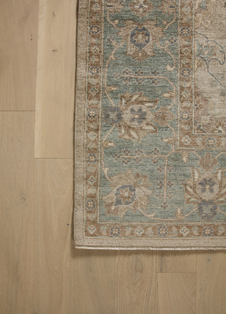 8 x 10 hand knotted one of a kind oriental rug with beige and pale blue color with floral design perfect for north carolina homes and charleston by Roya Rugs.