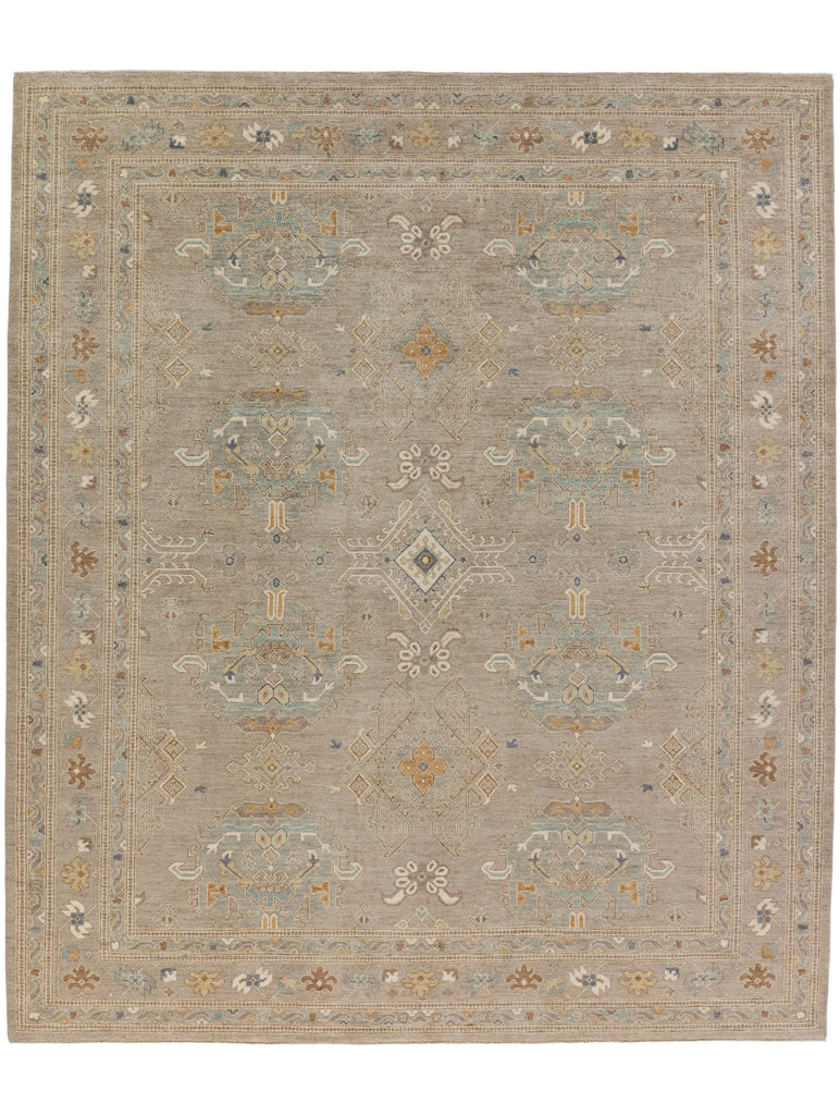 8x10 Roya Rugs Pineville North Carolina modern muted oushak wool rug with neutral greige, grey, beige, apricot orange, light aqua blue and brown colors with vintage design carpet.