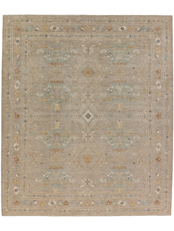 8x10 Roya Rugs Pineville North Carolina modern muted oushak wool rug with neutral greige, grey, beige, apricot orange, light aqua blue and brown colors with vintage design carpet.