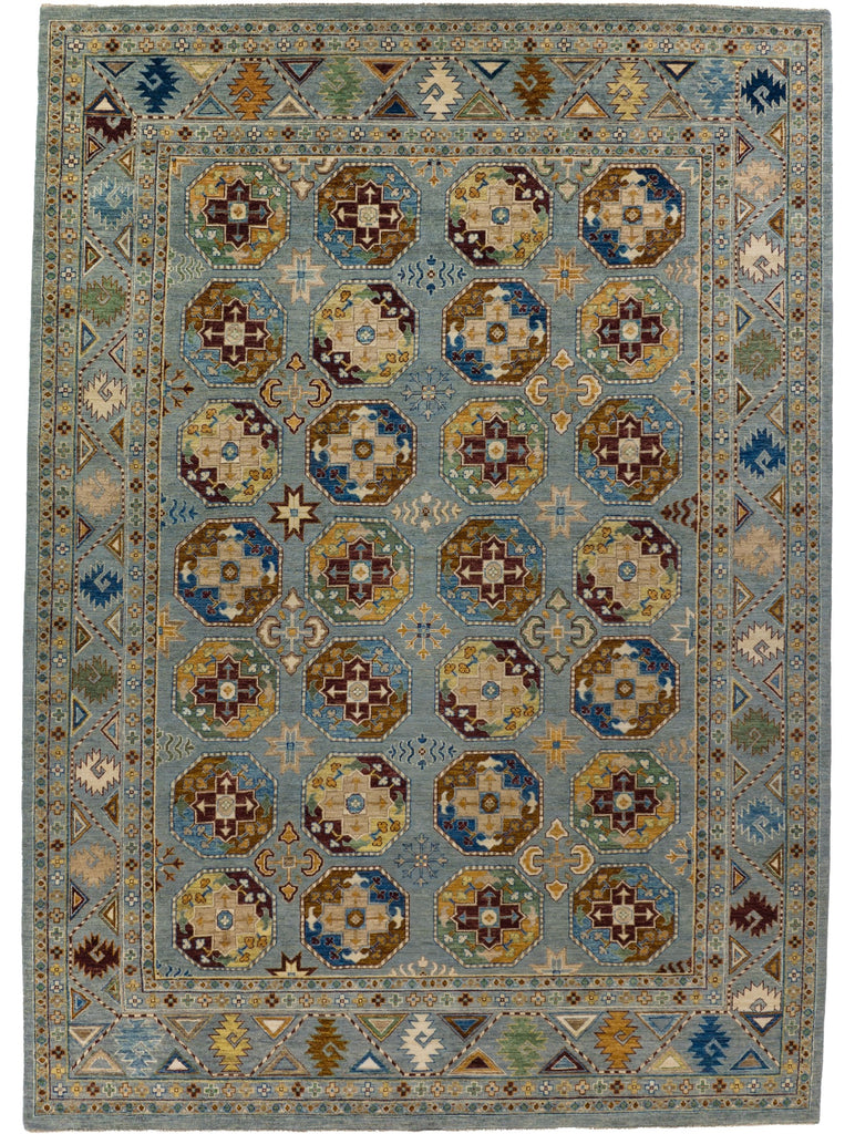 8x11 hand knotted Persian Bokhara southwest wool rug in colorful soft blue, burgundy, green, dark blue, orange and tan perfect for southwest and mountain homes. Roya Rugs North Carolina.
