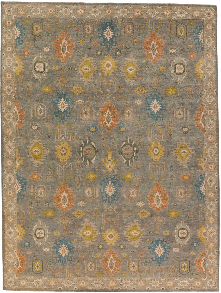 Roya Rugs North Carolina hand knotted one of a kind colorful modern Persian oriental wool rug 9 x 12 with blue grey, citron yellow, citrus, blue, brown, and orange accent colors and floral traditional design with low pile texture and lanolin natural fiber.