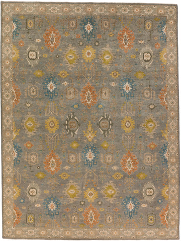 Roya Rugs North Carolina hand knotted one of a kind colorful modern Persian oriental wool rug 9 x 12 with blue grey, citron yellow, citrus, blue, brown, and orange accent colors and floral traditional design with low pile texture and lanolin natural fiber.