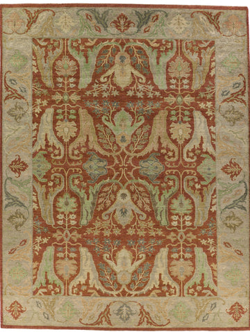 9x12 exquisite luxury hand-knotted coral/oatmeal modern Persian rug made of fine wool, adorned with a large print and accent light green colors, ideal for adding elegance to upscale homes.