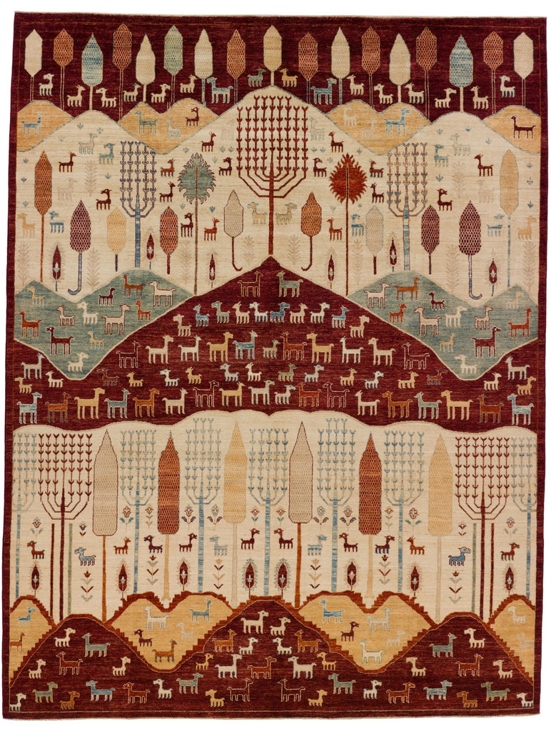 Roya Rugs Hickory North Carolina 9x12 handmade modern red tribal wool rug with ivory, green, beige, light blue and orange with animals, goats, sheep, and mountain hills.