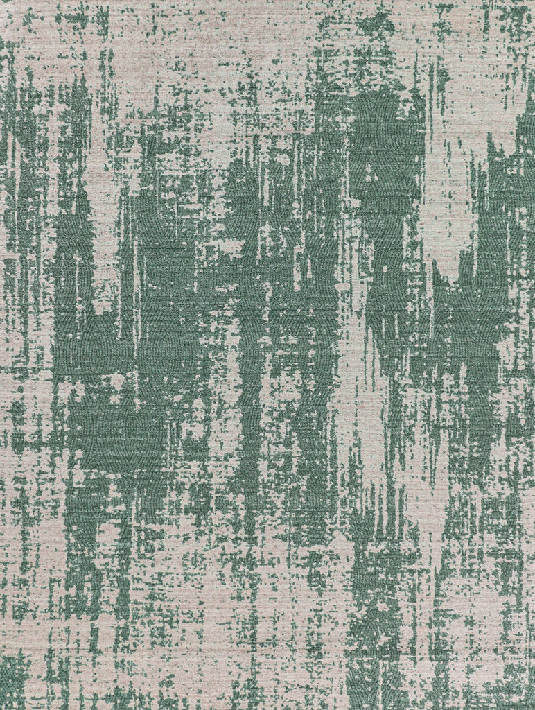 Abstract modern green 8x10 hand woven area rug with ivory/white texture and finger print design 8x10
