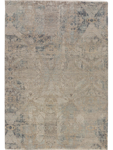 Large print distressed transitional rug with warm grey and blue 5x7.