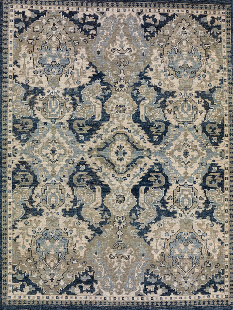 Hand-knotted 8x10 Turkish Oushak design wool area rug with a large traditional print and dark blue, taupe, beige, light blue and grey accent rug colors.