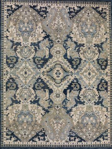 Hand-knotted 8x10 Turkish Oushak design wool area rug with a large traditional print and dark blue, taupe, beige, light blue and grey accent rug colors.