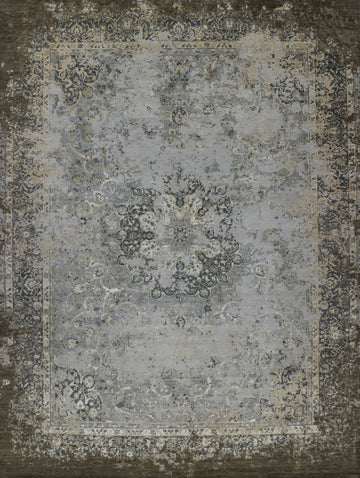 Sayeh SA-01 Ashwood brown grey charcoal beige wool and silk center medallion distressed erased updated transitional traditional handmade hand knotted persian oushak tone on tone subdued monochrome color neutral  india rug
