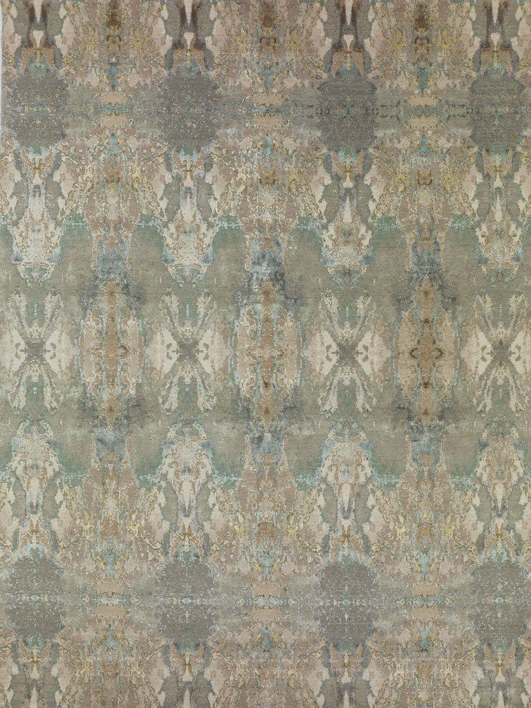 8x10 hand knotted luxury taupe and sea green transitional wool & bamboo silk rug with high low texture pile. Roya Rugs North Carolina.