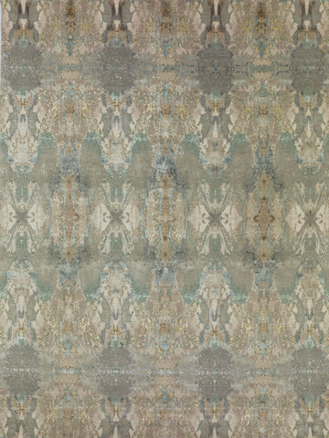 8x10 hand knotted luxury taupe and sea green transitional wool & bamboo silk rug with high low texture pile. Roya Rugs North Carolina.
