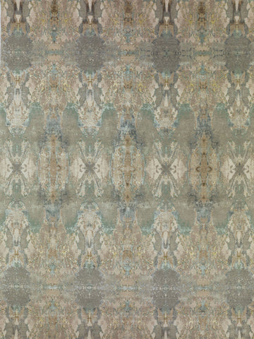 8x10 hand knotted luxury taupe and sea green transitional wool & bamboo silk rug with high low texture pile. Roya Rugs North Carolina.
