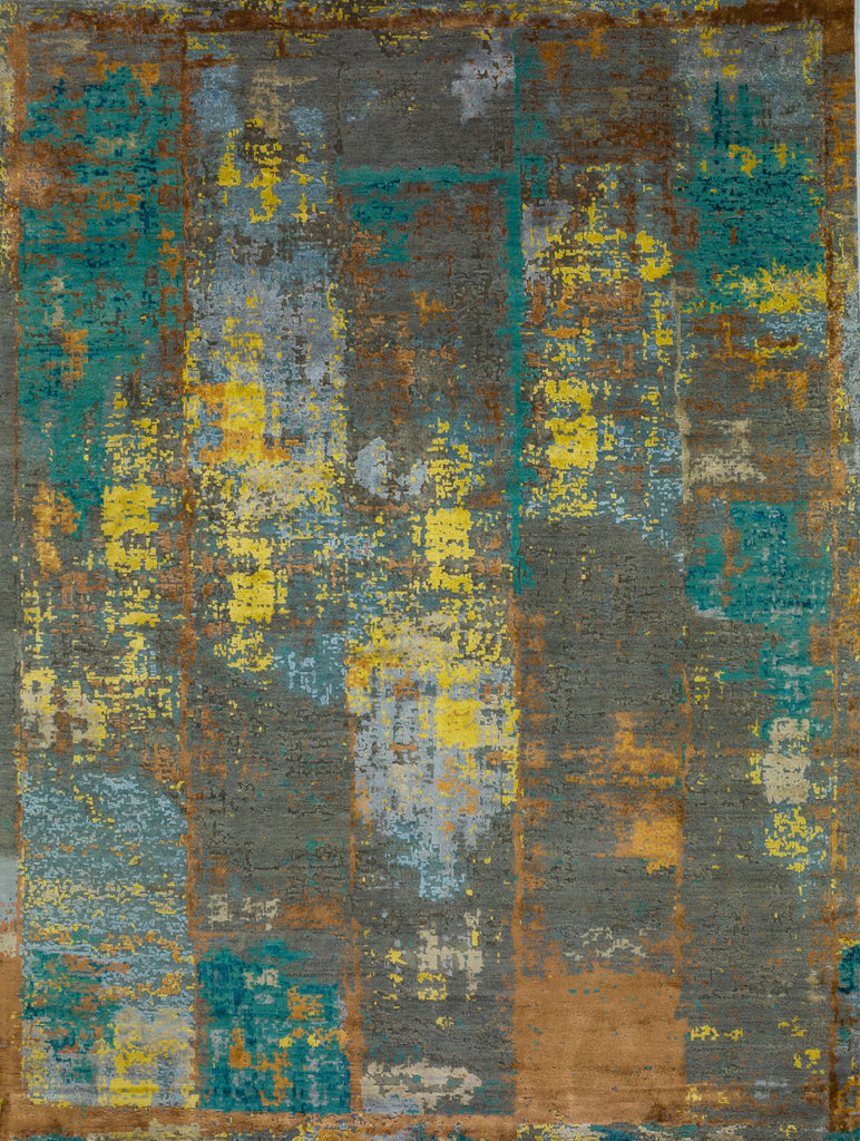 8' x 10' hand knotted dark modern rug with bold and color bright yellow, teal, orange, copper, beige, periwinkle and light baby blue colors.