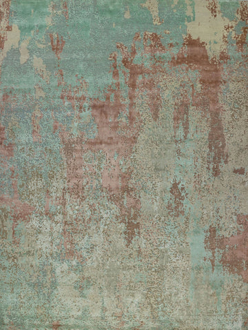 8' x 10' hand knotted contemporary modern pastel color wool and bamboo silk area rug with texture and aqua blue, green, pink, blush, rose quartz, and beige colors.