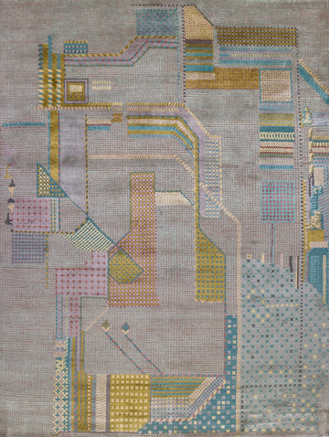 8 x 10 multi color turquoise, baby blue, pastel pink, moss green and lavender abstract contemporary rug with shine and high low texture