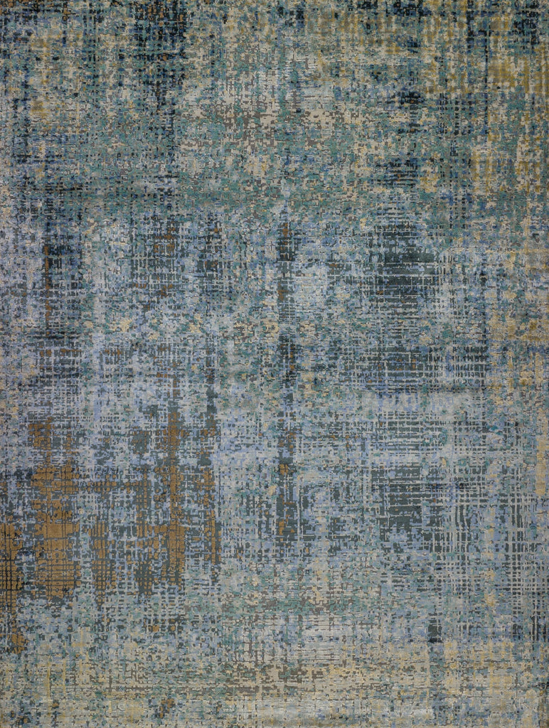 modern abstract 8x10 rug with bamboo silk and wool pile with texture, depth and accent colors saddle brown, jade green, indigo, beige, and grey.