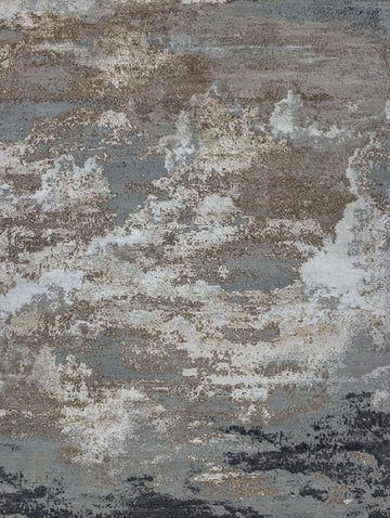 Wool and silk 9' x 12' contemporary white/black rug hand knotted with abstract design and accent grey, brown, brass and beige colors.