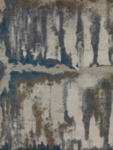 neutral 9x12 abstract wool & silk rug hand knotted and carved by hand for texture pile with earth tone colors such as ivory, white, grey and blue.