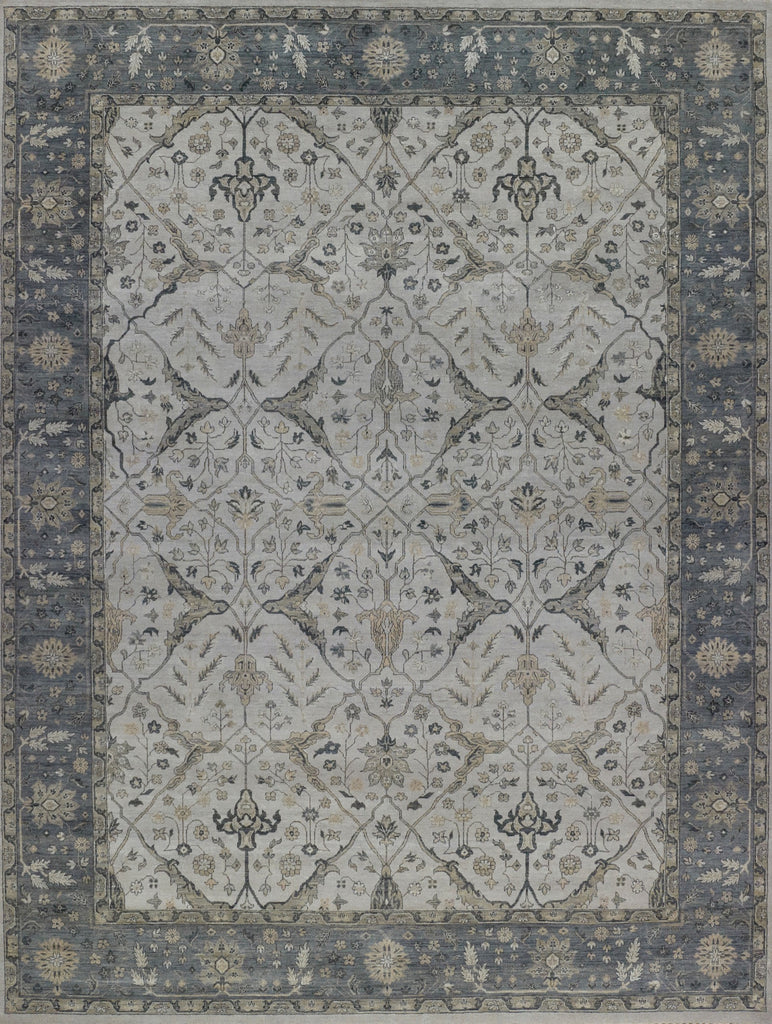 Laura LR-01 Ashwood hand knotted modern grey oushak wool area rug with a floral pattern and accent beige colors. Available in small 4x6 up to large 12x15 sizes.