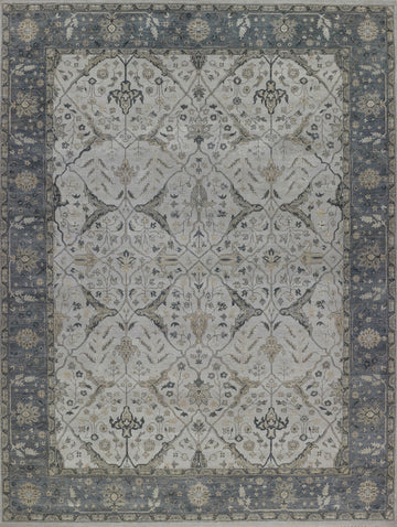 Laura LR-01 Ashwood hand knotted modern grey oushak wool area rug with a floral pattern and accent beige colors. Available in small 4x6 up to large 12x15 sizes.