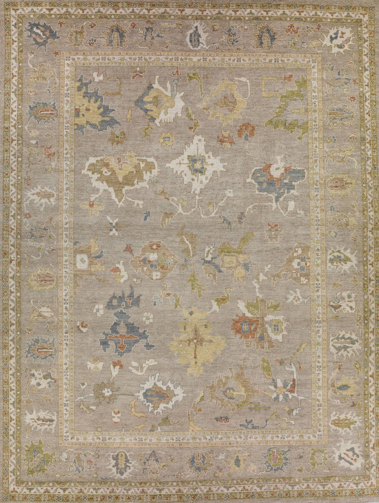large 10x14 hand knotted wool area rug in pastel colors. Modern Oushak wool rug with tan, brick, sage green, ivory/white, and blue colors.