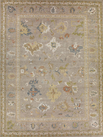 large 10x14 hand knotted wool area rug in pastel colors. Modern Oushak wool rug with tan, brick, sage green, ivory/white, and blue colors.