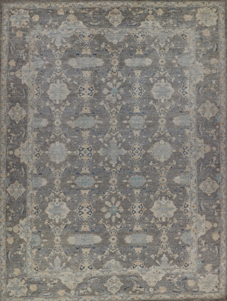 Handmade Hand Knotted luxury pakistan rug with persian and turkish oushak patterns monochrome light grey dark grey light blue beige tan 10' x 14' oversize