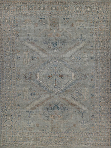 Handmade Hand Knotted wool oushak rug turkish persian greige grey green blue denim tan beige ivory brown wool casual 10' x 14' oversize rug
