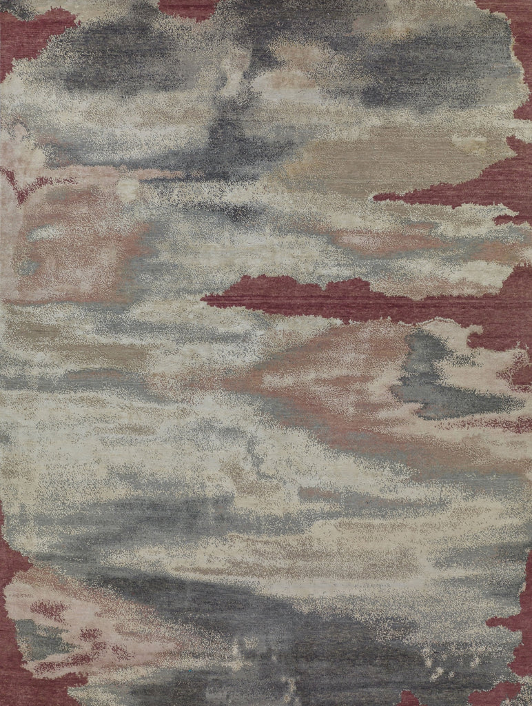 9x12 abstract modern luxury hand knotted wool & silk rug with raspberry red, blush pink, grey, ivory and beige. Rug with texture.
