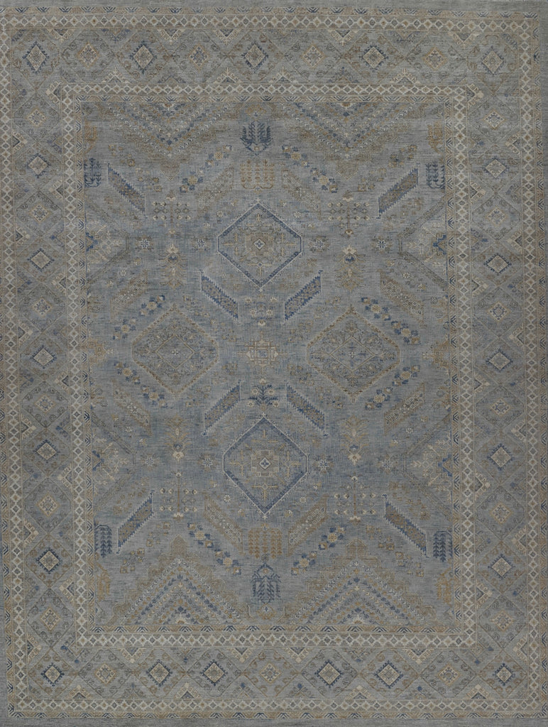 10x14 floral, geometric oriental oushak wool rug made in Pakistan. Gray green background and border color with accent of darker blue, taupe, beige and ivory.