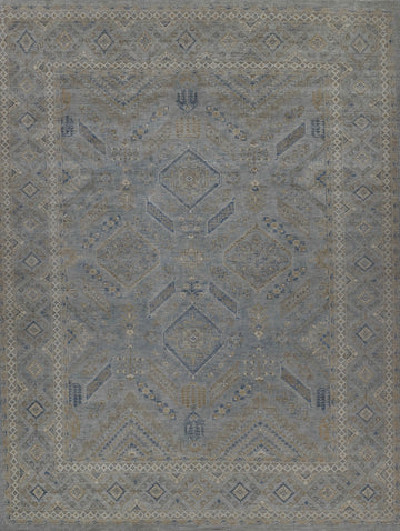 10x14 floral, geometric oriental oushak wool rug made in Pakistan. Gray green background and border color with accent of darker blue, taupe, beige and ivory.