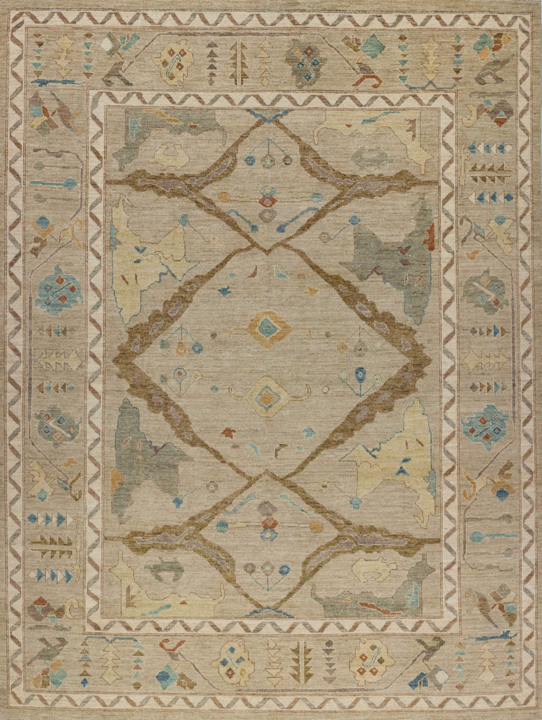 8x10 colorful tan, aqua, orange, sage green, coral red, and brown rug with a modern traditional Oushak center medallion rug.