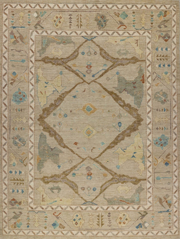 8x10 colorful tan, aqua, orange, sage green, coral red, and brown rug with a modern traditional Oushak center medallion rug.