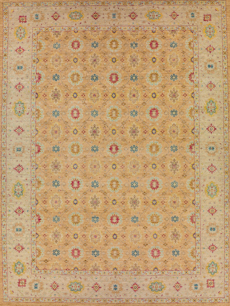9x12 modern traditional Turkish oushak wool rug in pastel orange, green patina, coral, apricot, yellow and ivory colors.
