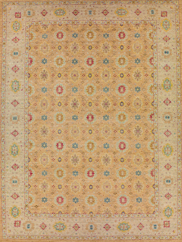 9x12 modern traditional Turkish oushak wool rug in pastel orange, green patina, coral, apricot, yellow and ivory colors.