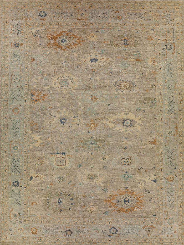 Handmade Hand knotted oushak persian turkish melon colors burnt orange coral yellow light blue grey green gold washed out antique new oversize 10' x 14' wool rug