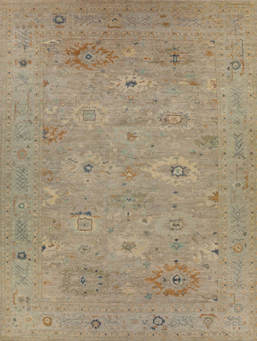 Handmade Hand knotted oushak persian turkish melon colors burnt orange coral yellow light blue grey green gold washed out antique new oversize 10' x 14' wool rug